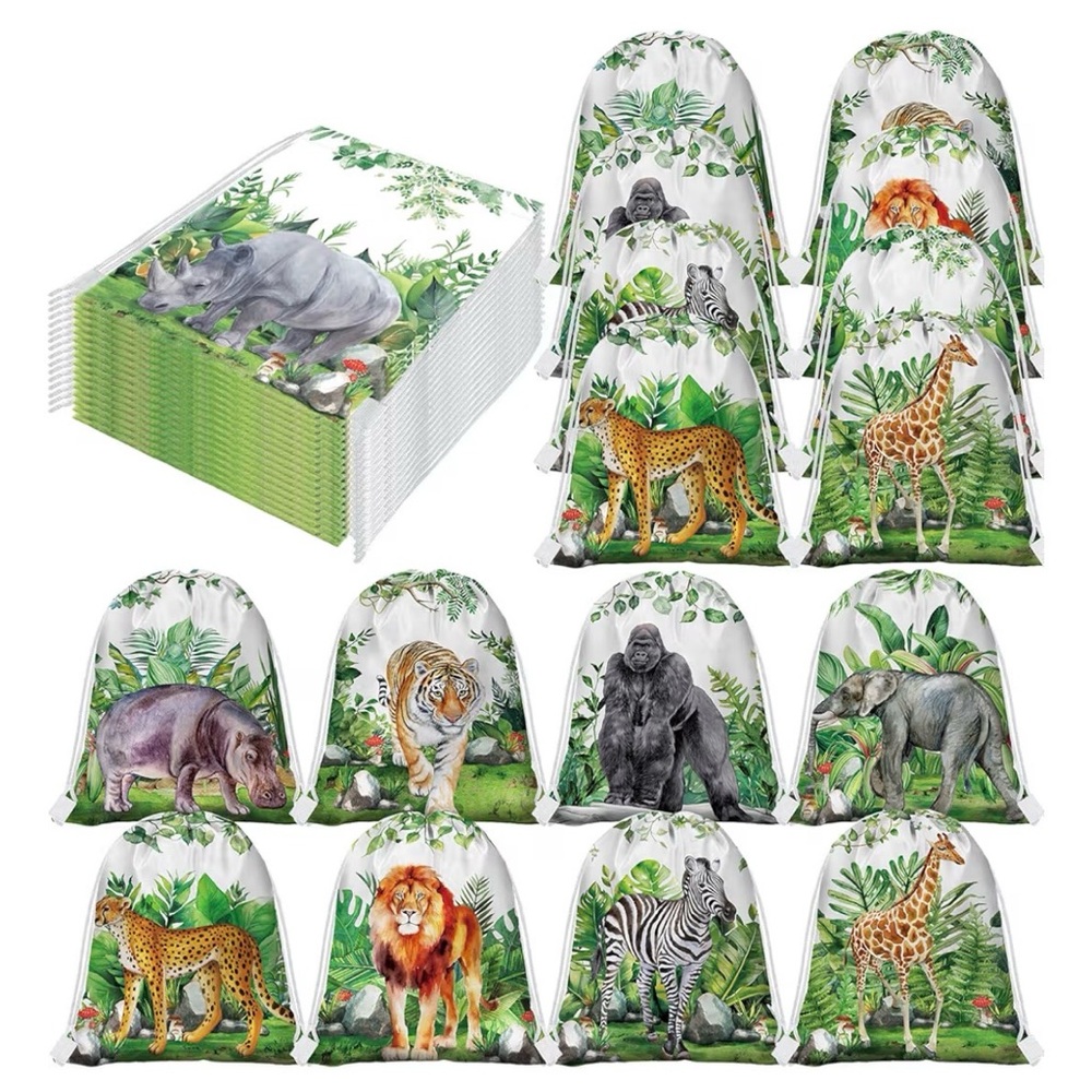 12 piece Safari Animal Drawstring Favor Bags - Green & White Jungle Print